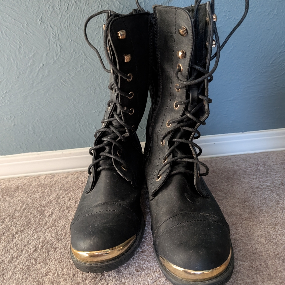 Nature Breeze Black and Gold Combat Boots with Rugged Design